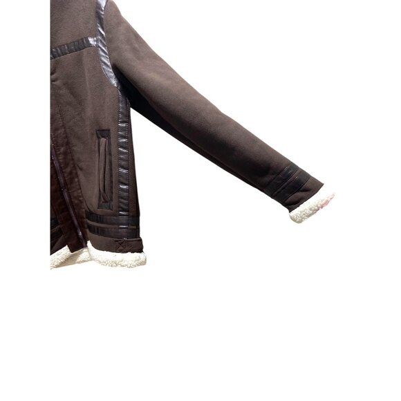 Han Ton Mens High Neck Faux Shearling Bomber Jacket Brown Size L Minimalist Warm - Picture 6 of 13